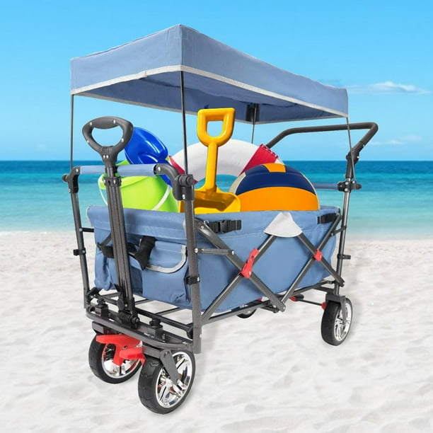 Beach Wagon for Kids, Collapsible Wagon with Canopy and Cup Holders
