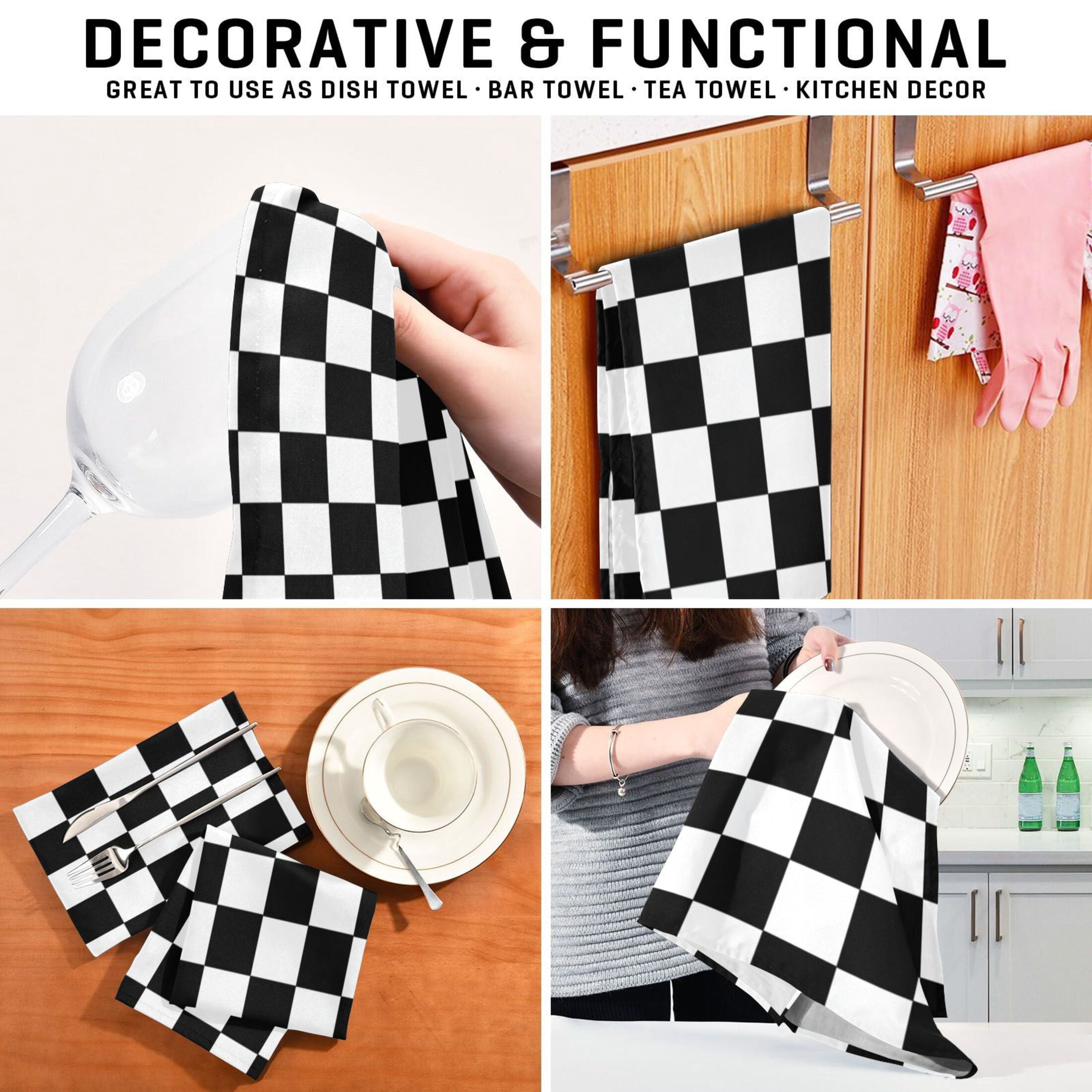 Multi-Purpose Kitchen Towels 28x18 Inch Dishcloths with Hanging Loop Decorative and Practical Towels for Kitchen, Dining Black and White Check