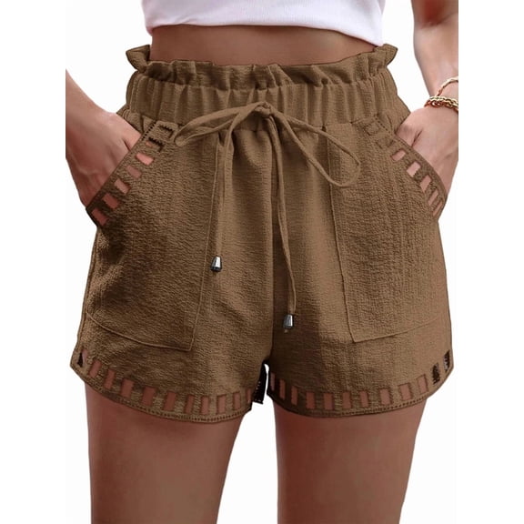 Women'S Plus Size Wide Leg Summer Shorts High Waisted Hollow Out Boho Shorts with Pockets Dark Brown M