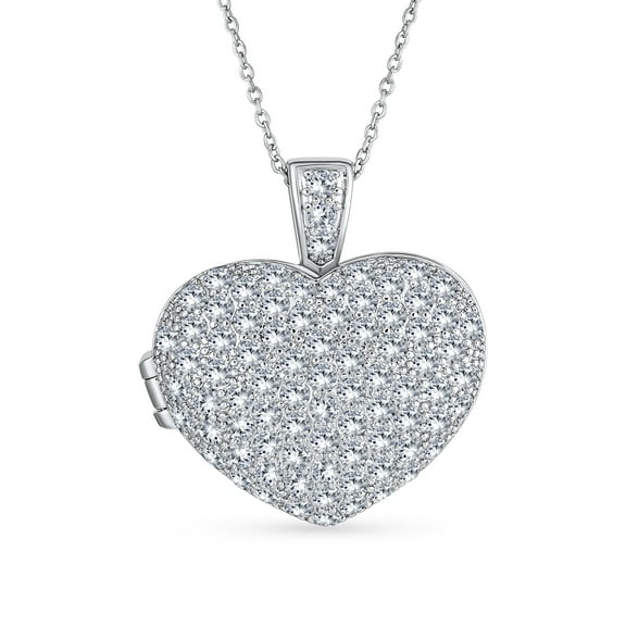 Bling Jewelry Womens Keepsake Pave CZ Aromatherapy & Photo Large Puff Heart Shape Locket Pendant Necklace Sterling Silver