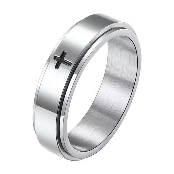 PAMTIER Unisex 6mm Stainless Steel Simple Christian Cross Religion Rotatable Lucky Biker Ring Anxiety Fidget Band Prayer Faith Silver Size 6