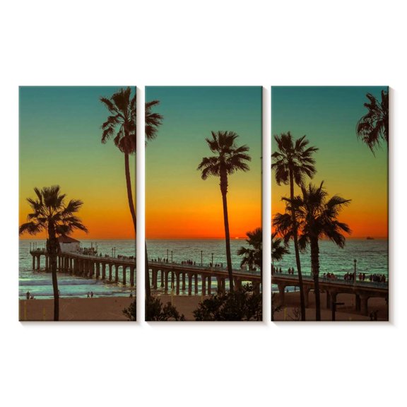 Elephant Stock Ny Beach Pier Wall Art - Horizontal Multi Panel Canvas - Living Room Wall Decor - Nautical Multi Panel - Orange And Teal Decor - 23" x 14"
