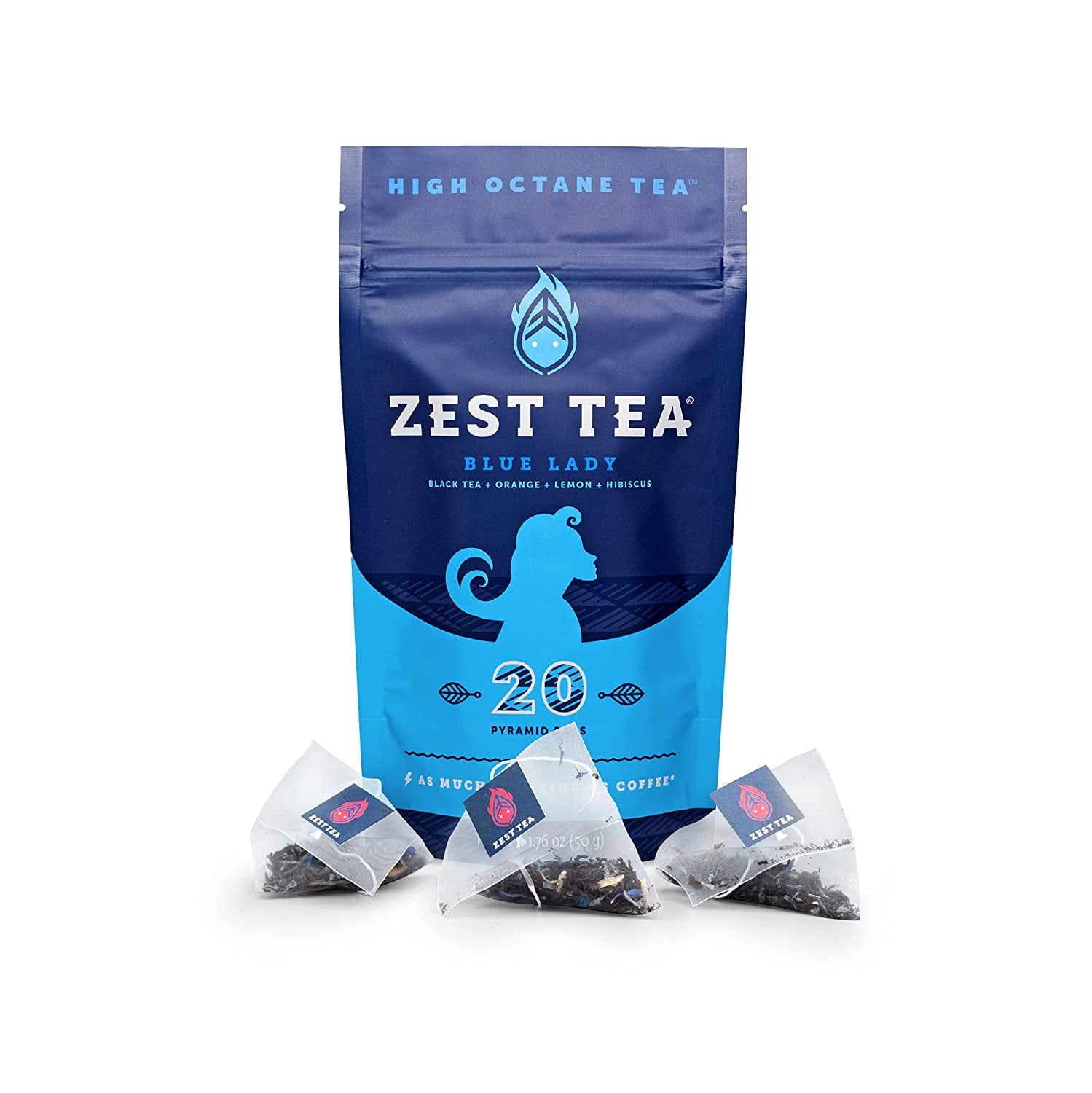 Blue Lady Black Energy Tea - High Caffeine Blend (3X Regular) - Healthy Coffee Substitute, Citrus and Hibiscus Flavor, 20 Sachet Package (50 Grams)
