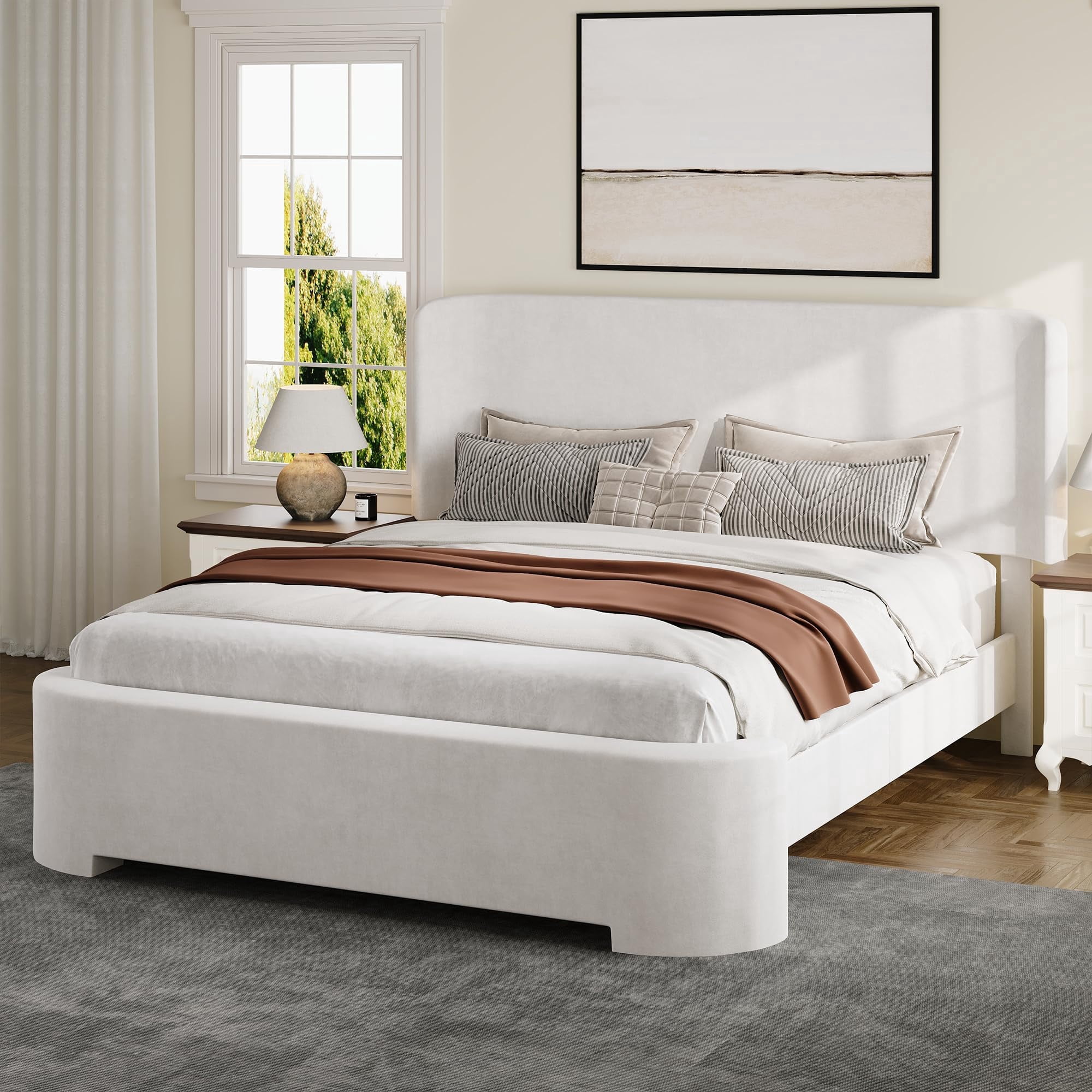 4 Ever Winner Queen Size White Velvet Bed Frame, Elegant Curved Upholstered Bed Frame with Rounded Safety Corners, Stable Noise-Free Platform Bed Frame, Easy Assembly, White Bedroom Bed