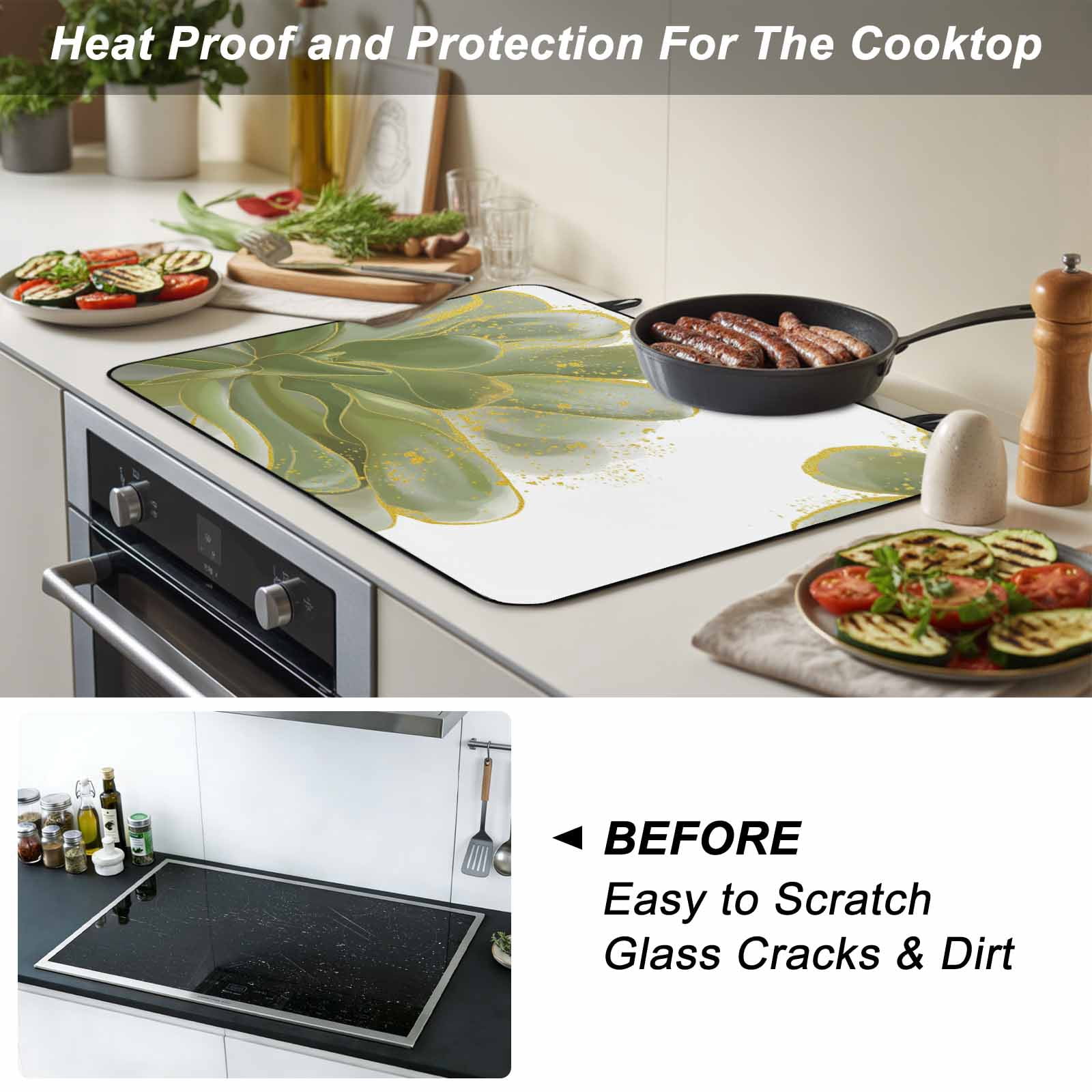 Sage Green Gold Stove Top Cover for Electric Stove, Heat-proof & Non Slip Glass Top Stove Cover Protector, Aesthetics Flower Boho Watercolor Art Kitchen Flat Cooktop Rubber Mat 31x24 Inches