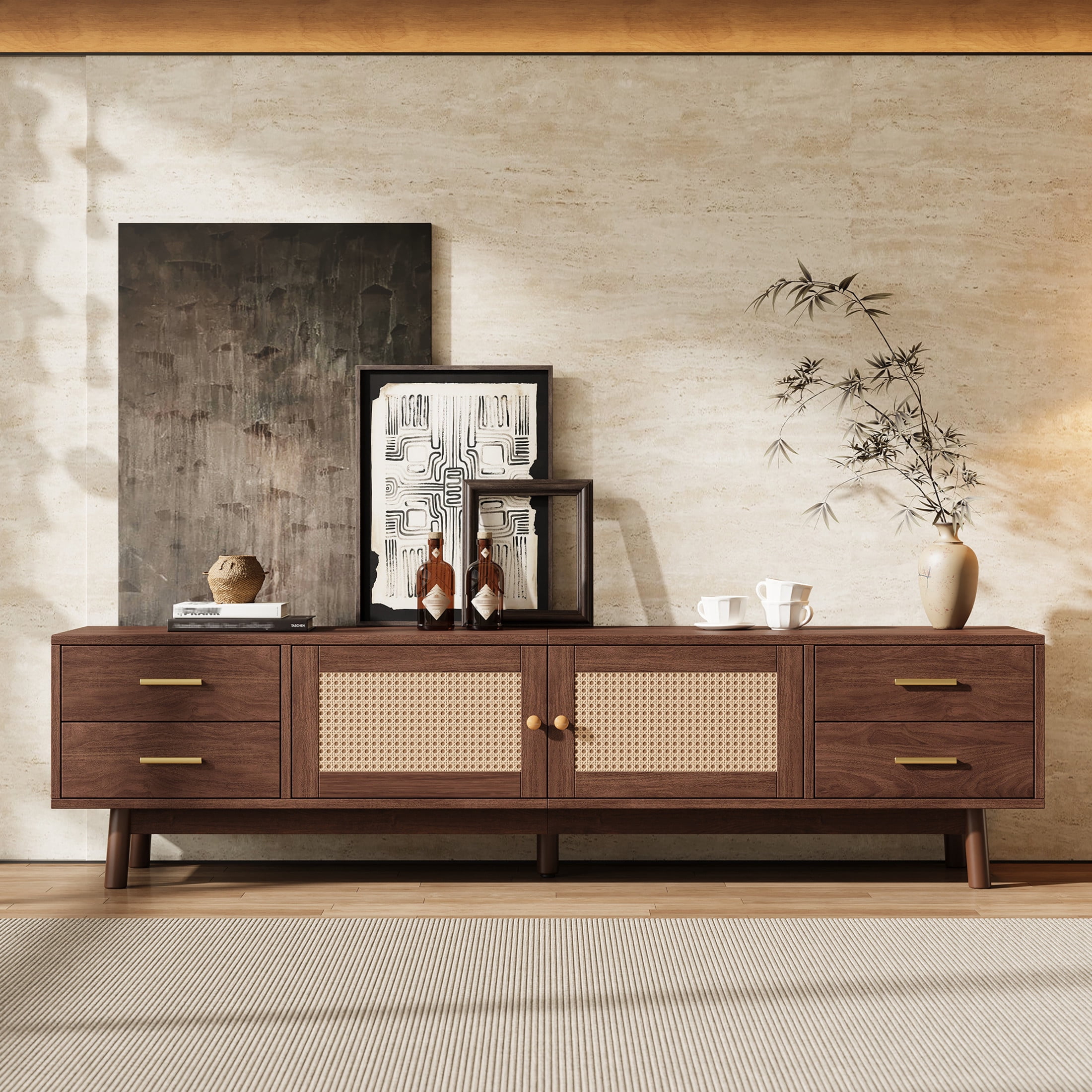 Noble House Modern TV Stand for TVs up to 80" with Rattan Doors, 4 Drawers, Dark Brown