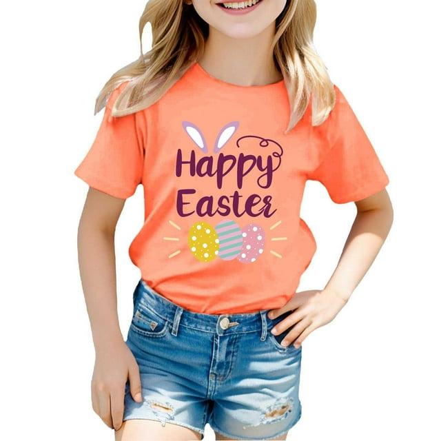 MIASHUI T-Shirt Graphique de Pâques à Manches Courtes pour Garçons, Confortable et Décontracté, Imprimé pour Filles, Orange, 10-11 Ans
