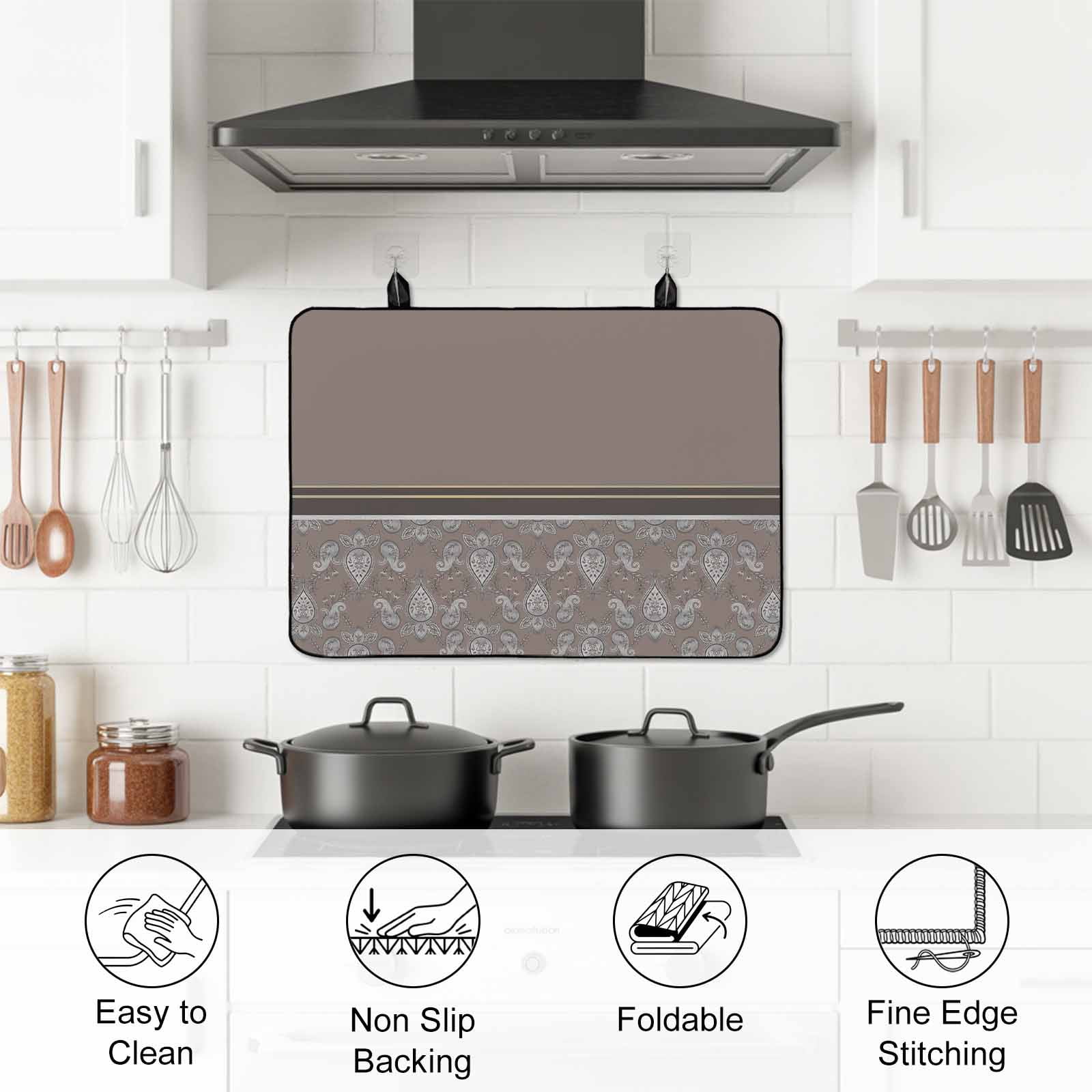 Boho Brown Flower Stove Top Cover for Electric Stove, Heat-proof & Non Slip Glass Top Stove Cover Protector, Abstract Bohemia Pesley Floral Kitchen Flat Cooktop Rubber Mat 24x21 Inches