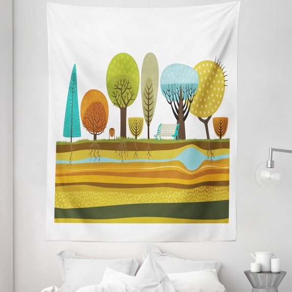 Urban Tapestry, Illustration of Flat Park Elements in the City as Trees Roots Bench Soil and Water, Fabric Wall Hanging Decor for Bedroom Living Room Dorm, 5 Sizes, Multicolor, by Ambesonne