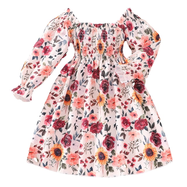 QUDDERR Robe Fille 3-7 Ans Robe d'Été Manches Longues Imprimée Décontractée pour Enfants Tout-Petits Petites Filles Robe Princesse