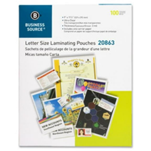 Business Source  Laminating Pouches, Ltr, 3Mil, 9 in. x 11.5 in., 100-BX, Clear
