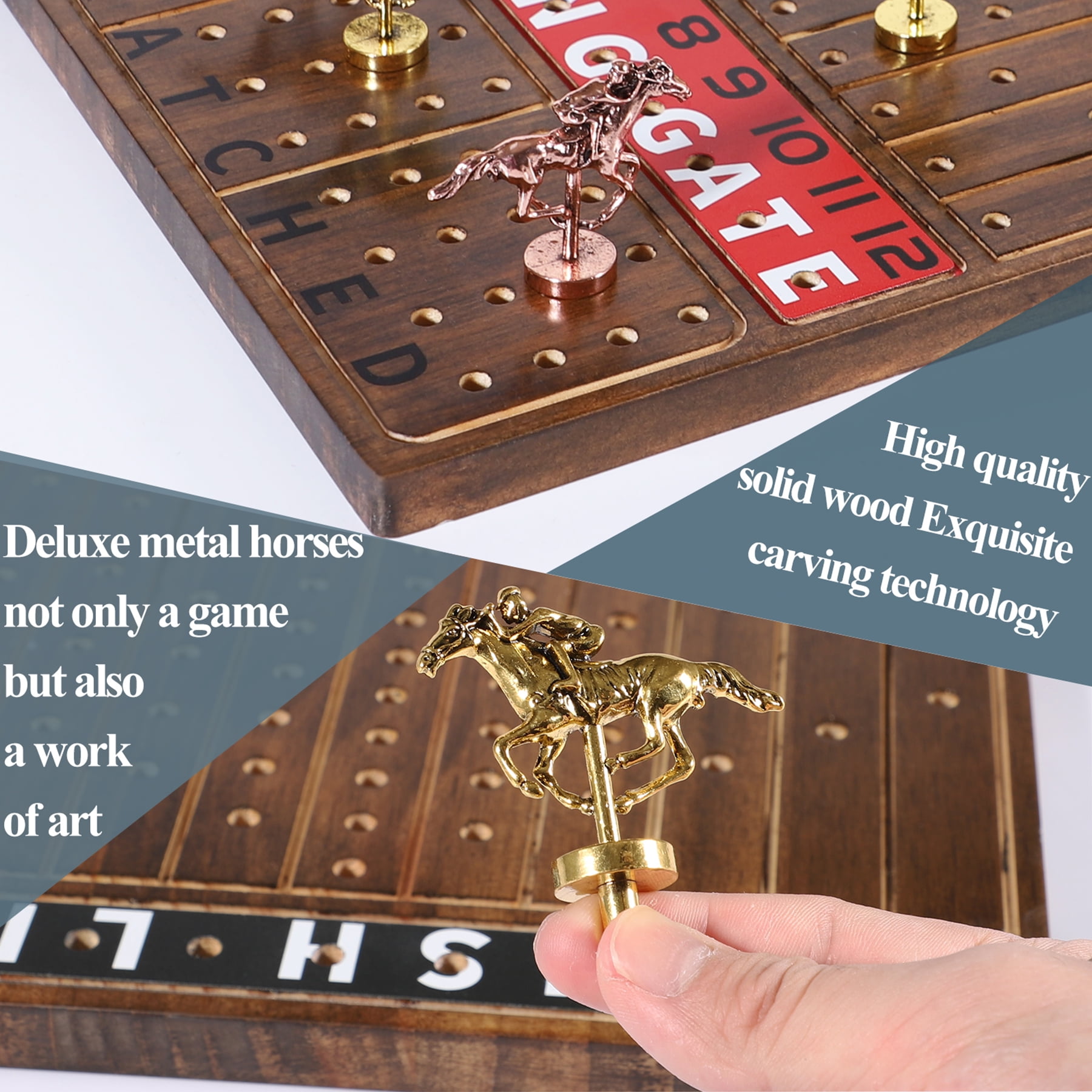 Horse Race Board Game Racing Game Flame Color Thickened Solid Wood with 11 Luxurious Durable Classic Metal Horses 15.6 x 10 x 10 Inch