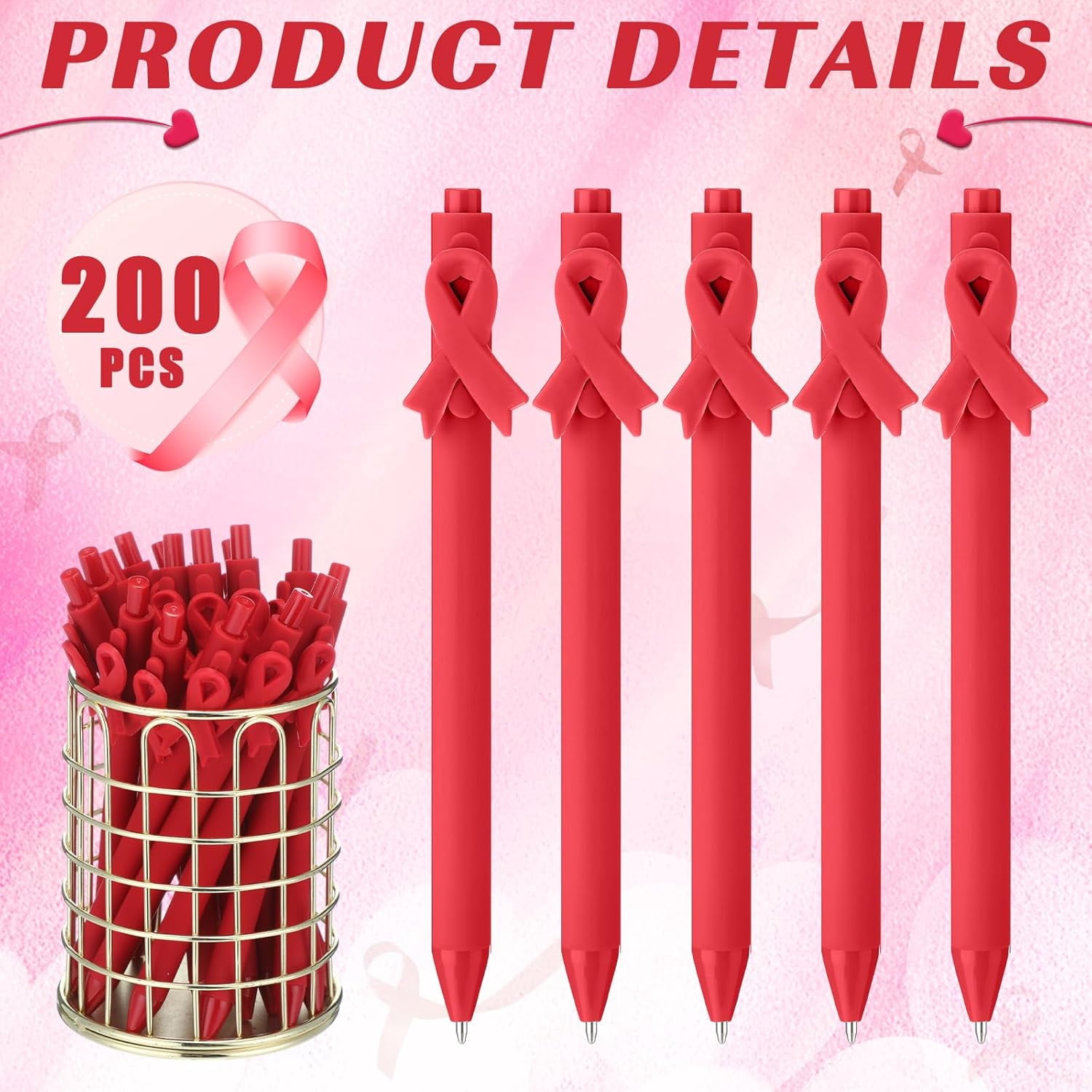 200 Pcs Heart Health Awareness Month Pen Bulk Red Ballpoint Pens Heart Disease CHD Awareness Week for Charity Public Activity Warrior Fundraising Office Charity Events Supplies