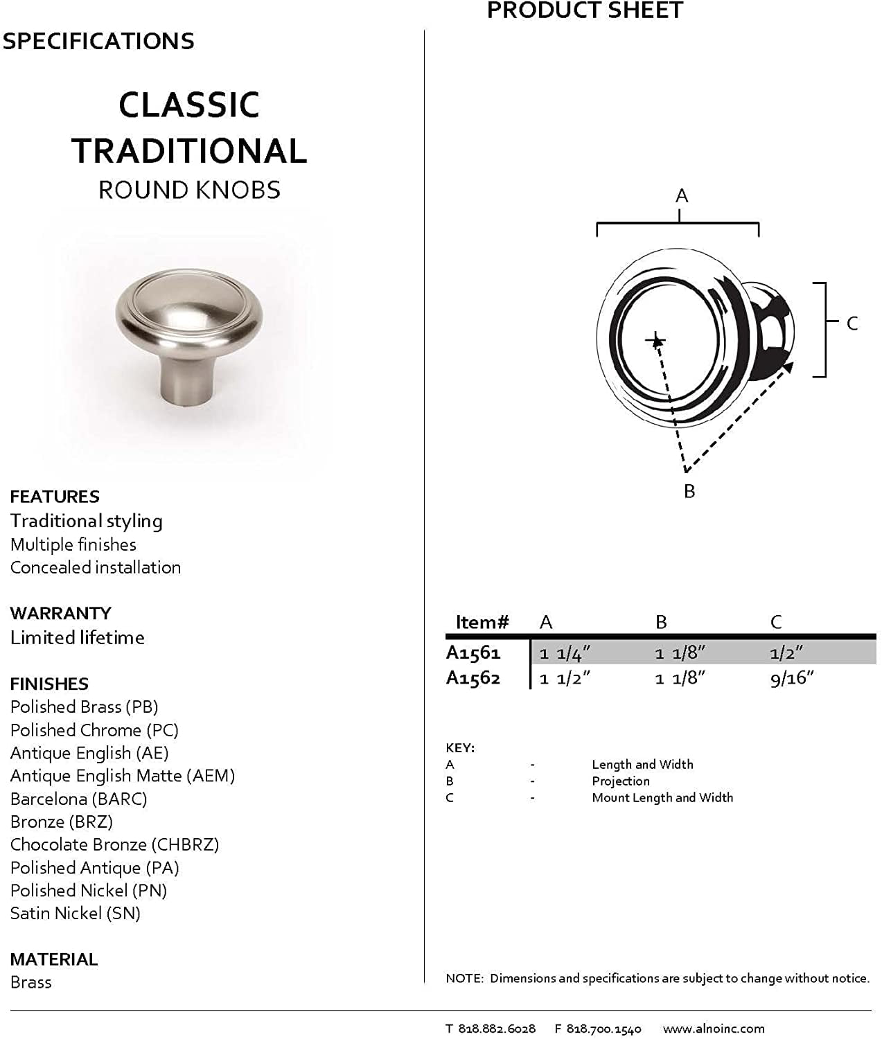 Alno Round Knob Small - 1-1/4-in Dia.