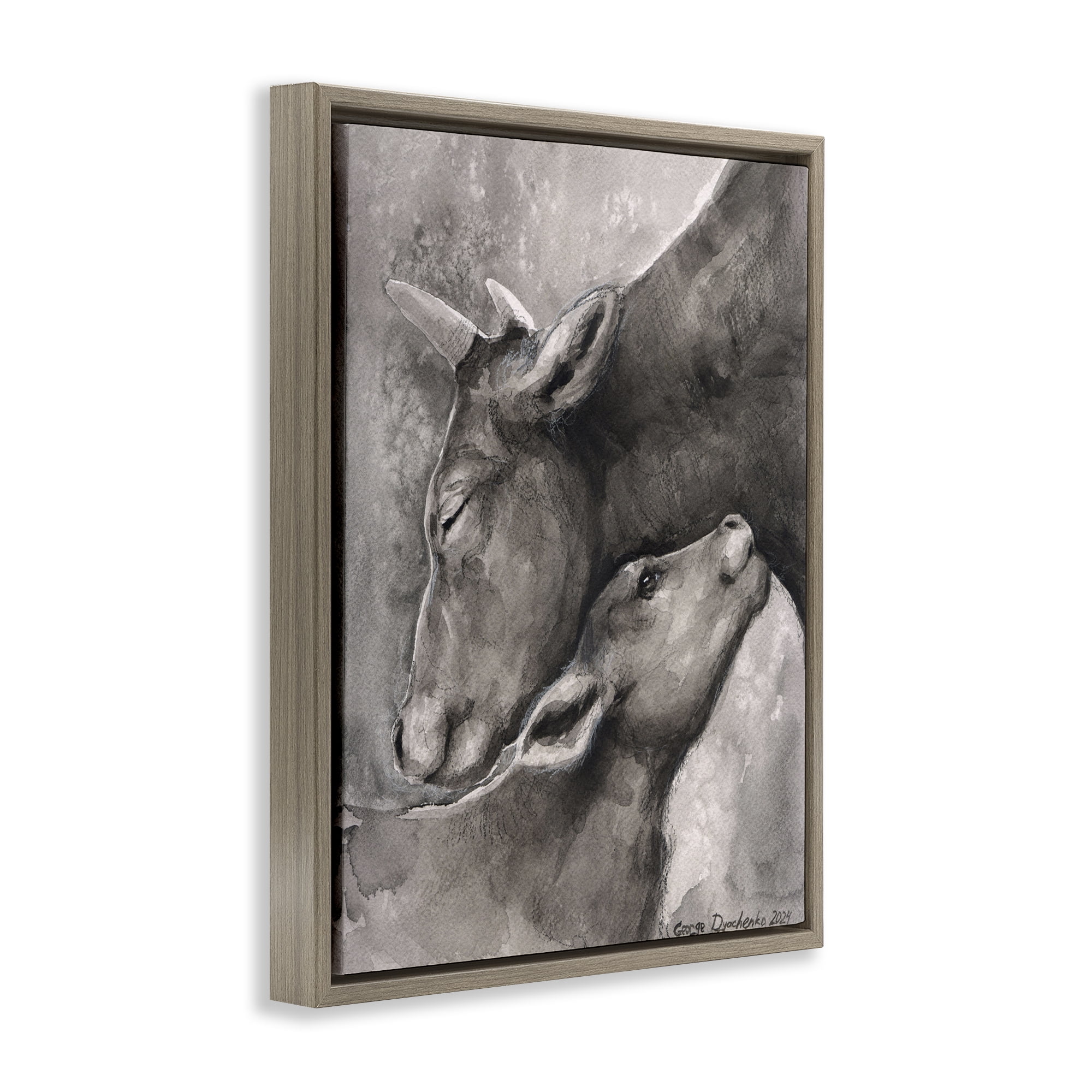 Stupell Industries Mother Cow & Calf Animals Drawing Brown Floater Framed Canvas Art Print Wall Art, 17 x 21