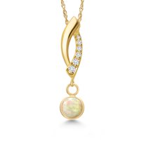 Gem Stone King 14K Yellow Gold White Ethiopian Opal and Lab Grown Diamond Pendant Necklace for Women | 0.33 Cttw | Gemstone October Birthstone | Round Cabochon 5MM | With 18 inch Chain