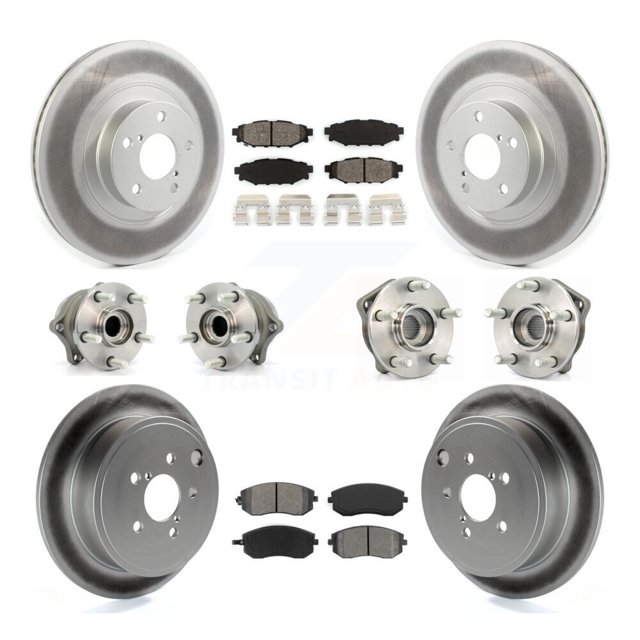Transit Auto Front Rear Hub Bearing Assembly Coated Disc Brake Rotor and Semi-Metallic Pad Kit (10Pc) for Car Subaru Outback Impreza Legacy Forester WRX - Left Right Side (Driver Passenger) KBB-114671
