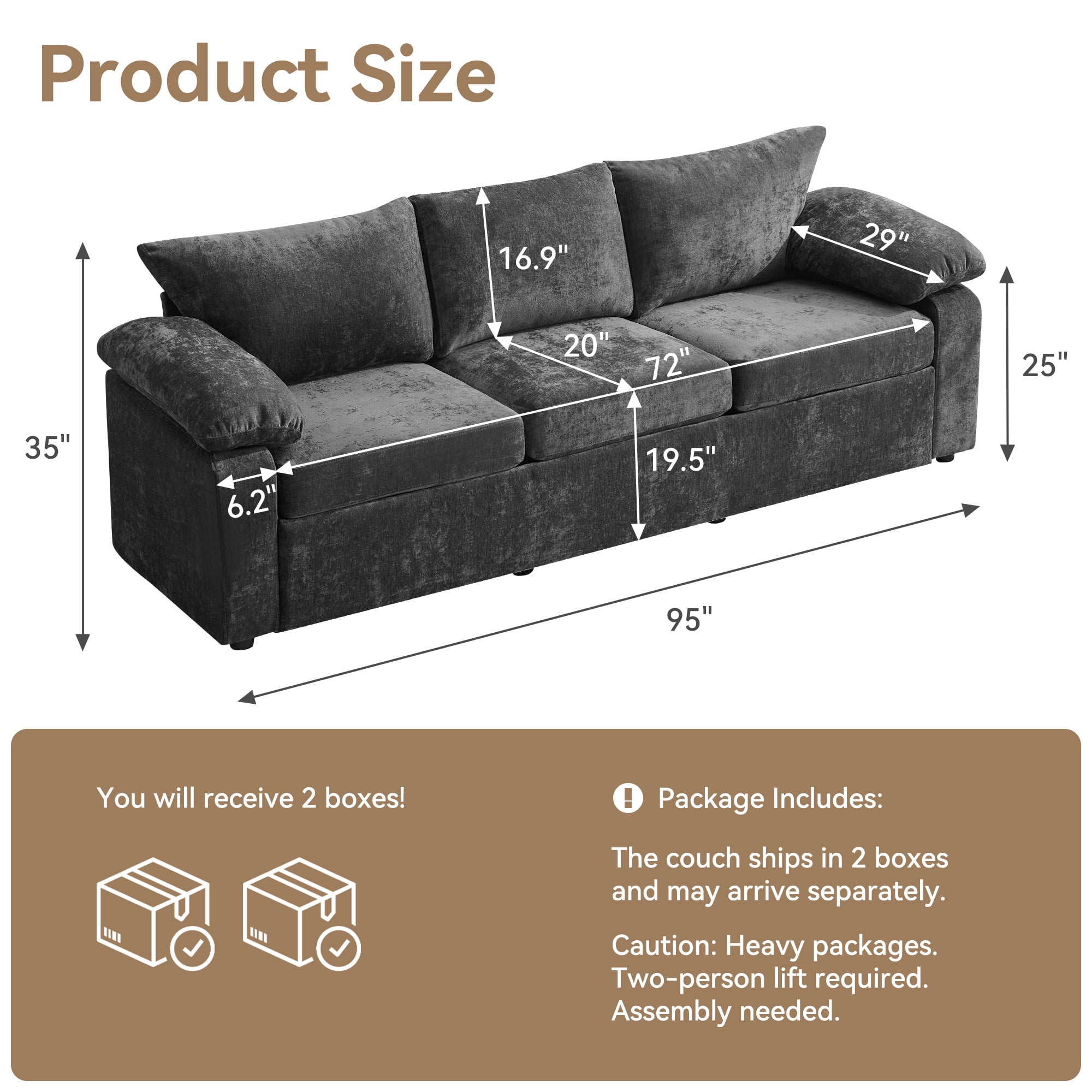 HASLE Oversized 3 Seat Living Room Sofa, 95" Soft Chenille Deep Seat Couch with Armrest, Hidden Support Legs, Stylish Sofa, Dark Grey