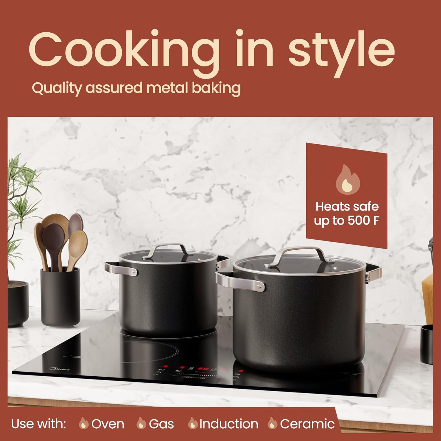 Bakken 8.5 Quart Ceramic Coated Stock Pot with Glass Lid, Nonstick, Oven Safe to 500°F, Stainless Steel Handles, All Stove Compatible, Black