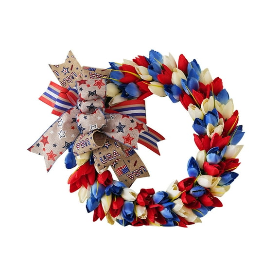 Clearance!XEOVHV 16Inch 4th of July Patriotic Day Wreath, Artificial Roses Wreath for Front Door Red Blue White Flower Wreath with Star Patriotic Decorations for Memorial Day Independence Day Veterans
