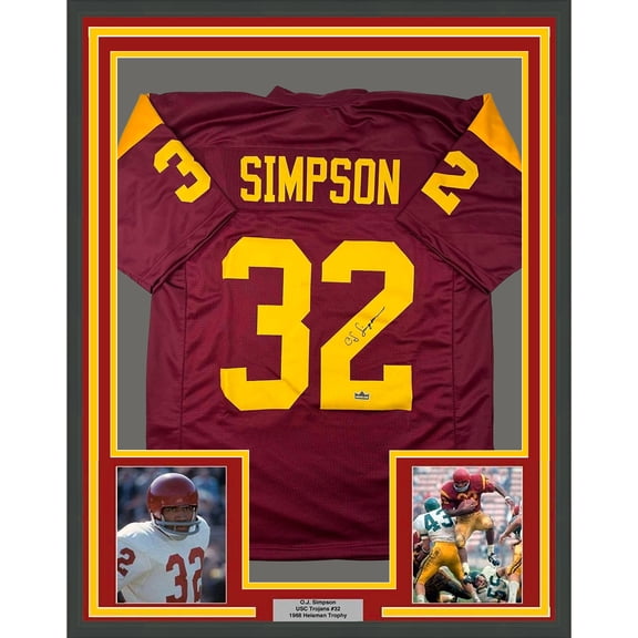 Framed Facsimile Autographed OJ O.J. Simpson 35x39 USC Maroon Reprint Laser Auto College Football Jersey