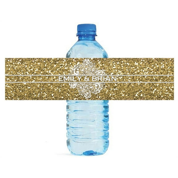 100 Gold Glitter and Lace Wedding Anniversary Engagement Party Water Bottle Labels 8"x2"