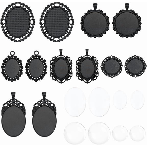 1 Box 24Pcs 12 Sets Black Pendant Tray Oval Photo Charms Cabochons Dome Base Setting Bezel Frame Cameo Metal Alloy Pendant Trays
