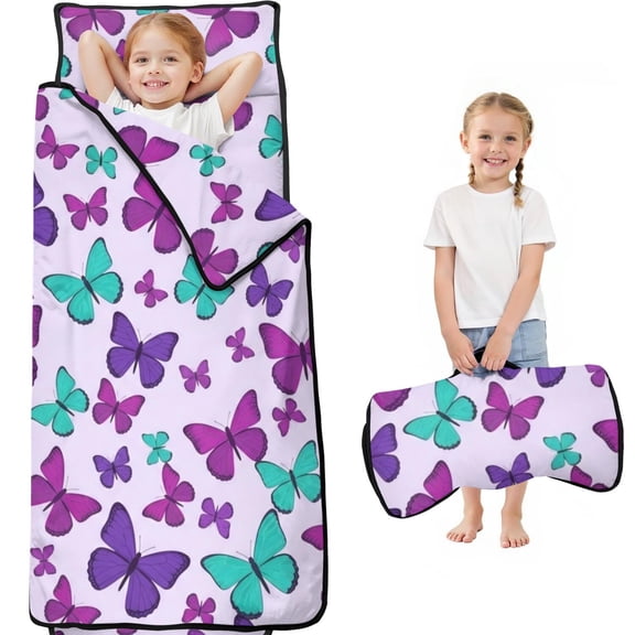 Butterfly and Purple Green Pattern Teens Toddler Nap Mat with Pillow, Sleeping Mat Bag for Preschool Daycare 59"x22"