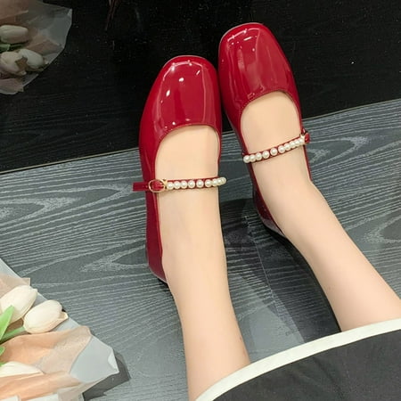 

Cathalem Casual Shoes Women Slip on Women Casual Shoes Autumn And Winter Comfortable Fashion Square Heel Shallow Mouth Beaded Shoes Red 7
