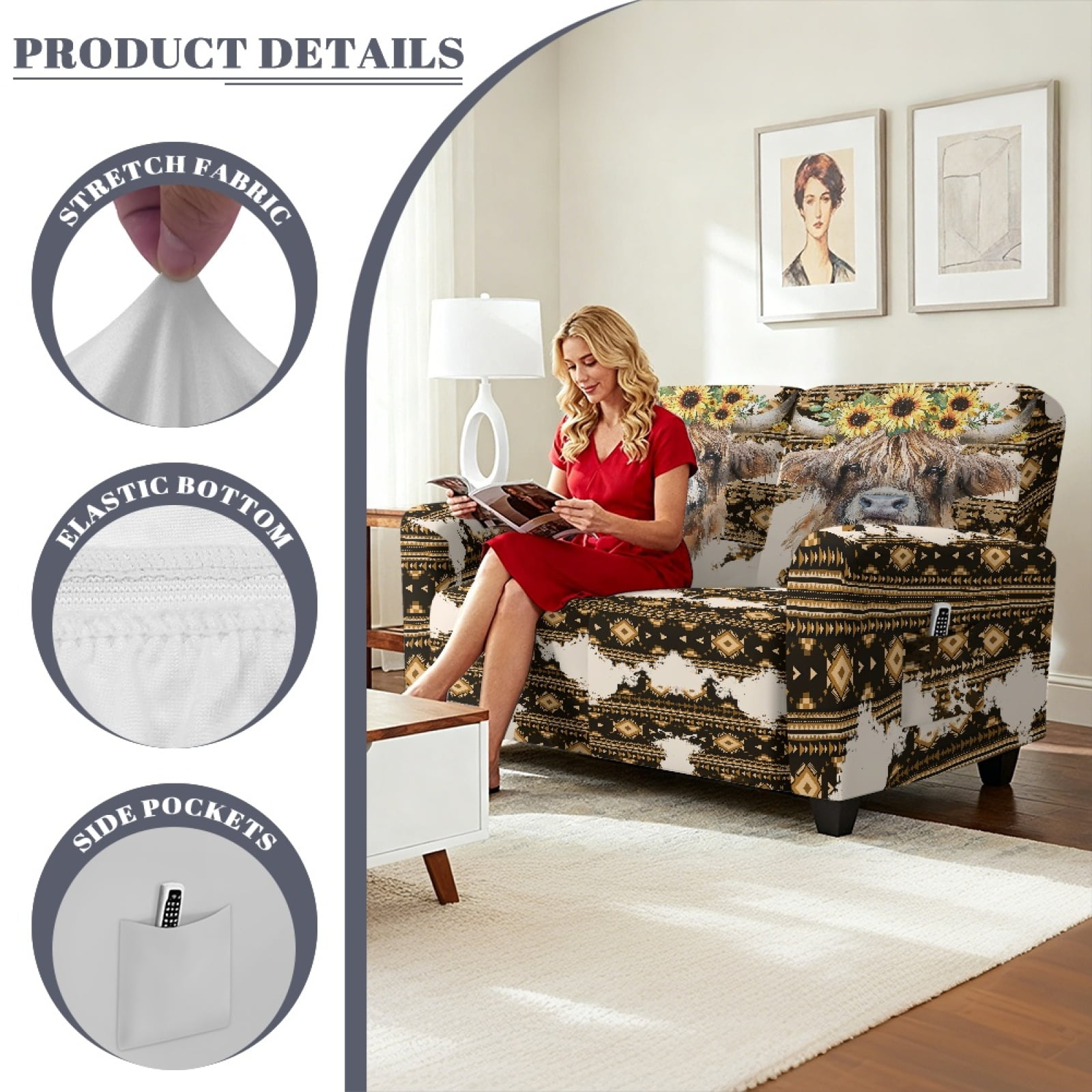 Xoenoiee Aztec Highland Cattle Sunflower Print Recliner Loveseat Covers, Stretch Reclining Sofa Covers, 2 Seater Couch Cushion Jacquard Recliner Slipcovers Furniture Protector Covers for Pet Kid