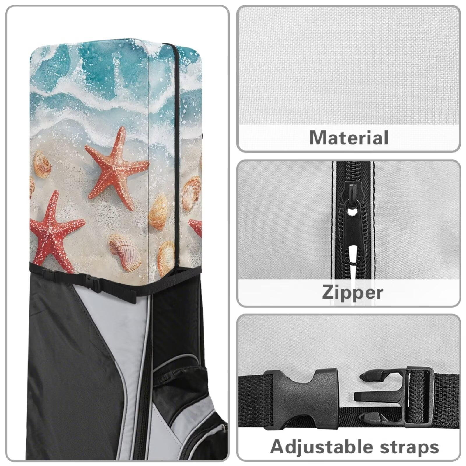 Chririnla Beach Starfish Hood Golf Bag Cover Dust & Sun Protection for Clubs with Snap Button Fits Most Stand Bags, Cart Bags & Carry Bags