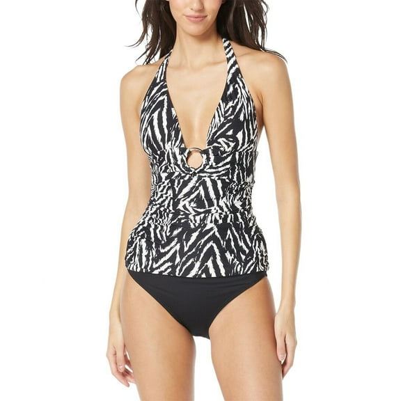 Carmen Marc Valvo Womens Animal Print O Ring Tankini Top Black Size XS NWT