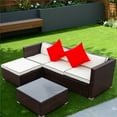thumbnail image 4 of 3 Piece Outdoor Patio Dining Set, with Glass Dining Table, Ottoman, 3-Seat Sofa, All-Weather Rectangle Patio Sofa Furniture Set with Cushions for Backyard, Porch, Garden, Pool, 4 of 9