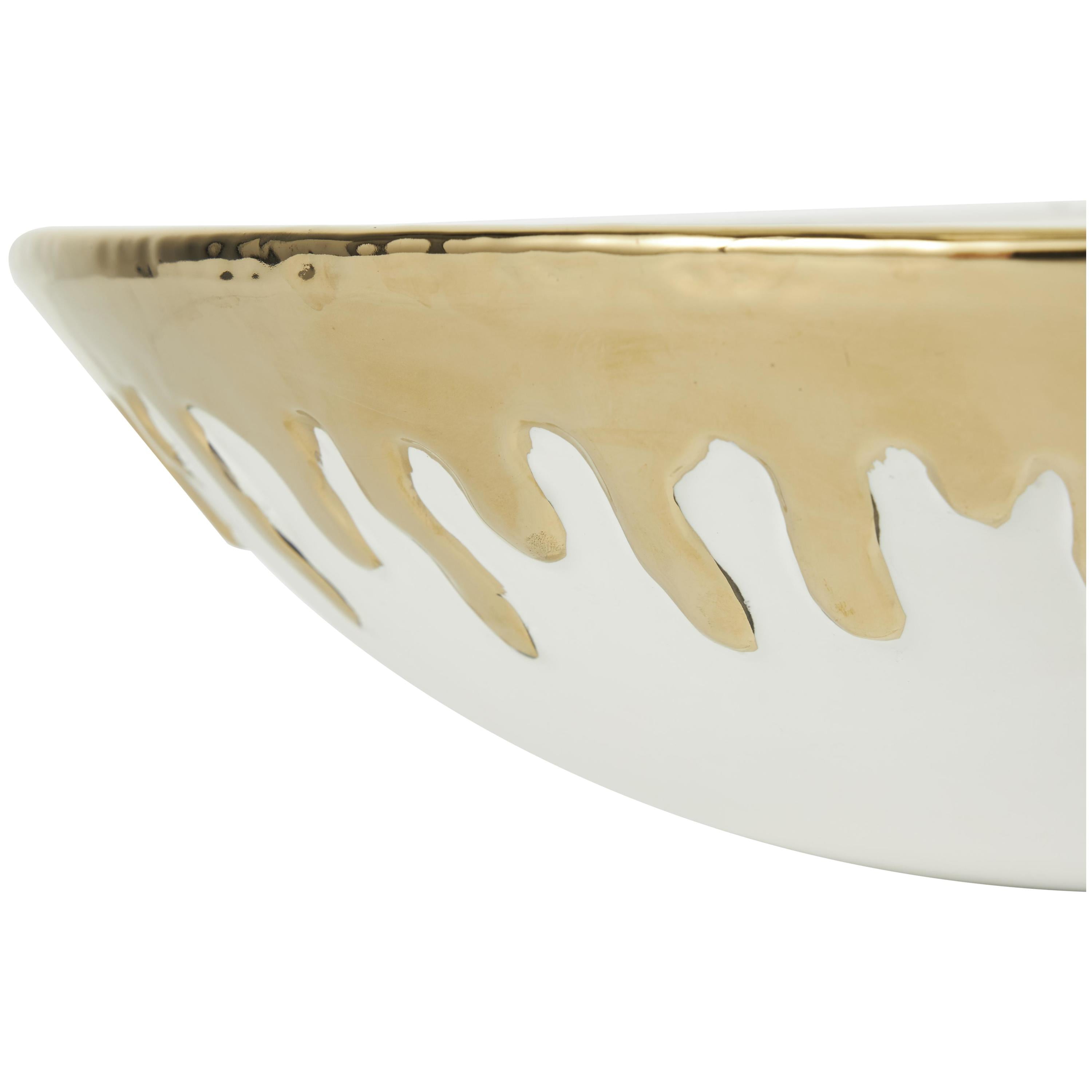CosmoLiving by Cosmopolitan 15" Round White Ceramic Decorative Bowl with Abstract Gold Melting Drips