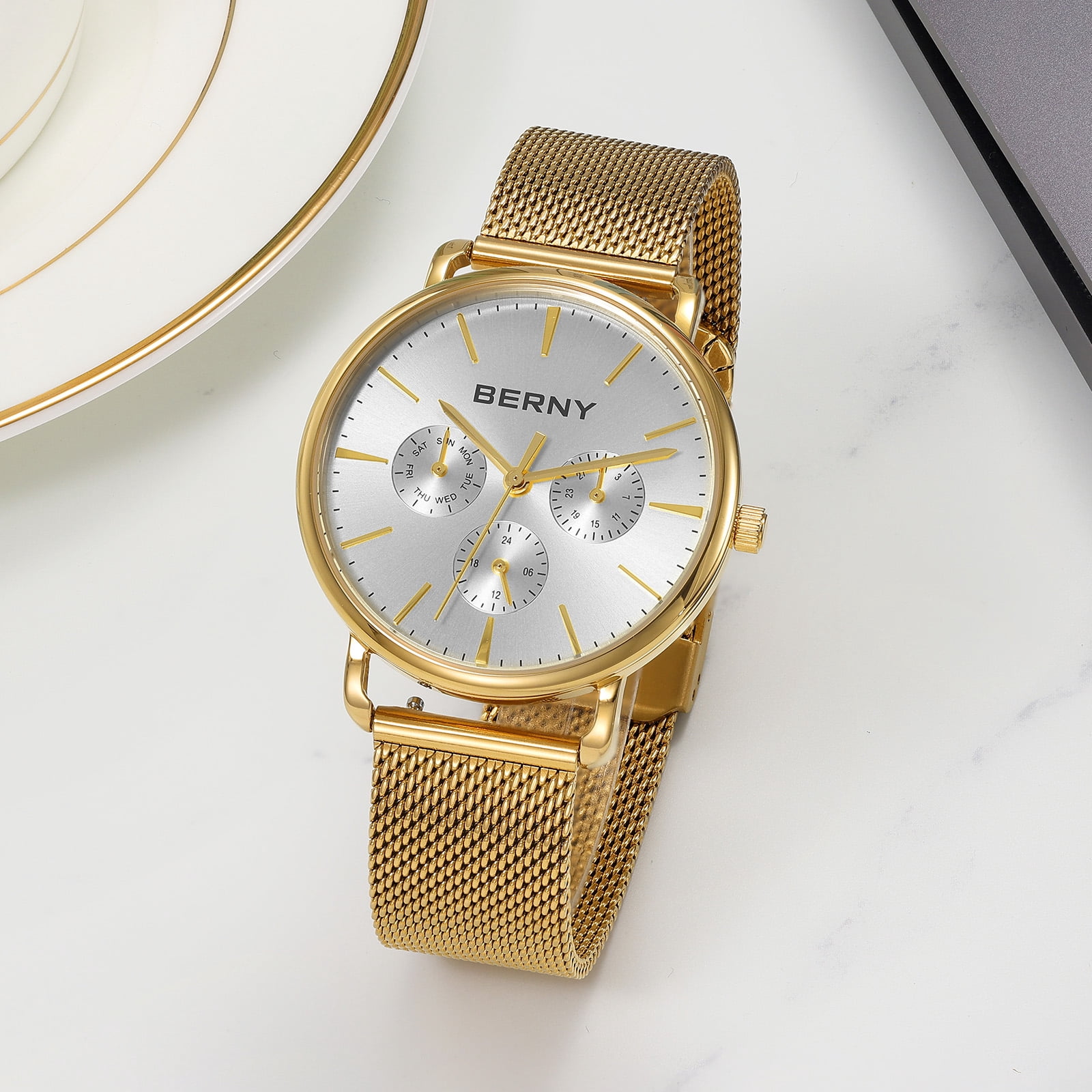 BERNY Quartz Watch for Unisex ( Men and Women), Classic Waterproof Men's Wirstwatch with Multifunctional Dials, Quick Release Stainless Steel Mesh Band,Gold &Silver