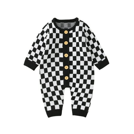

Elippeo Baby Girl Boy Knitted Jumpsuit 3M 6M 12M 18M 24M Checkerboard Round Neck Long Sleeve Button Up Rompers for Toddlers 0-24 Months