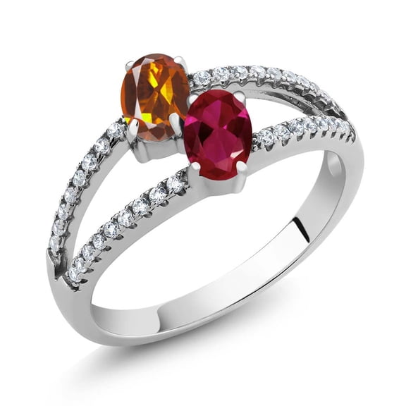 Gem Stone King Orange Red Madeira Citrine Red Created Ruby 1.31 Ct Two Stone 925 Sterling Silver Ring (Size 6)