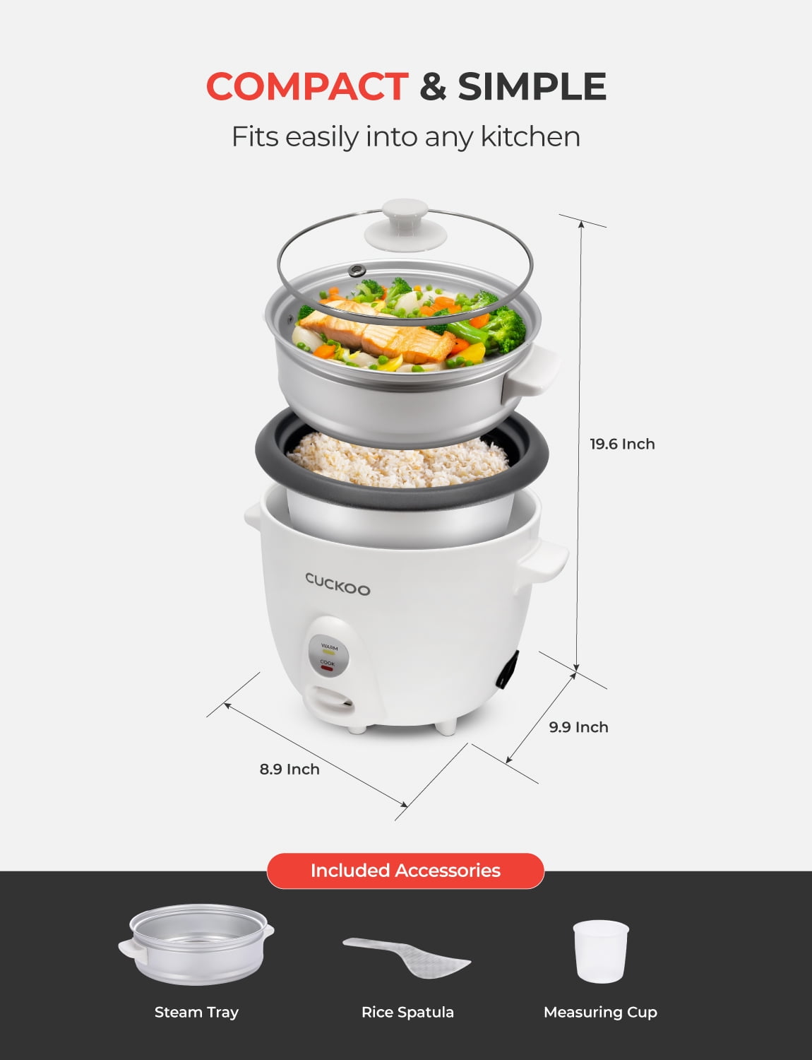 CUCKOO One Touch Rice Cooker 6-Cup (Uncooked) / 12-Cup (Cooked), Small Rice Cooker & Warmer with Steamer Tray, Versatile Grain Cooker, Soup Maker, Auto Keep Warm, White (CR-0601C)