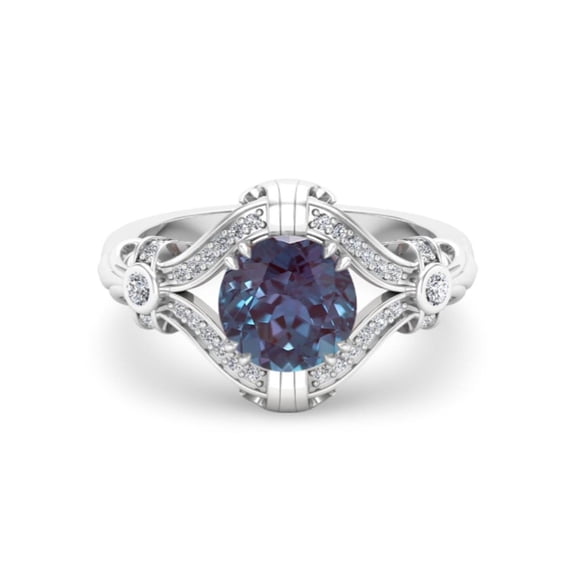 Sterling Silver Alexandrite Vintage Halo Round Cut & Cubic Zirconia Ring For Women