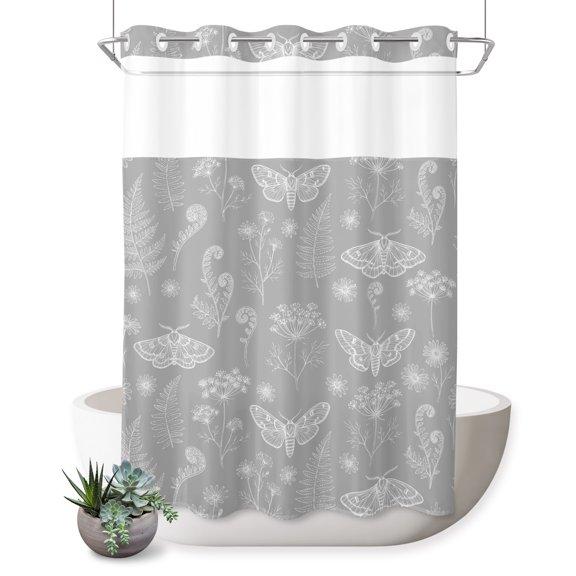 No Hook Shower Curtain, Grey Butterfly Botanical Shower Curtains for Bathroom with See Through Top Window, Summer Plants Line Art Waterproof & Washable Bath Curtain Extra Long 72"x96"
