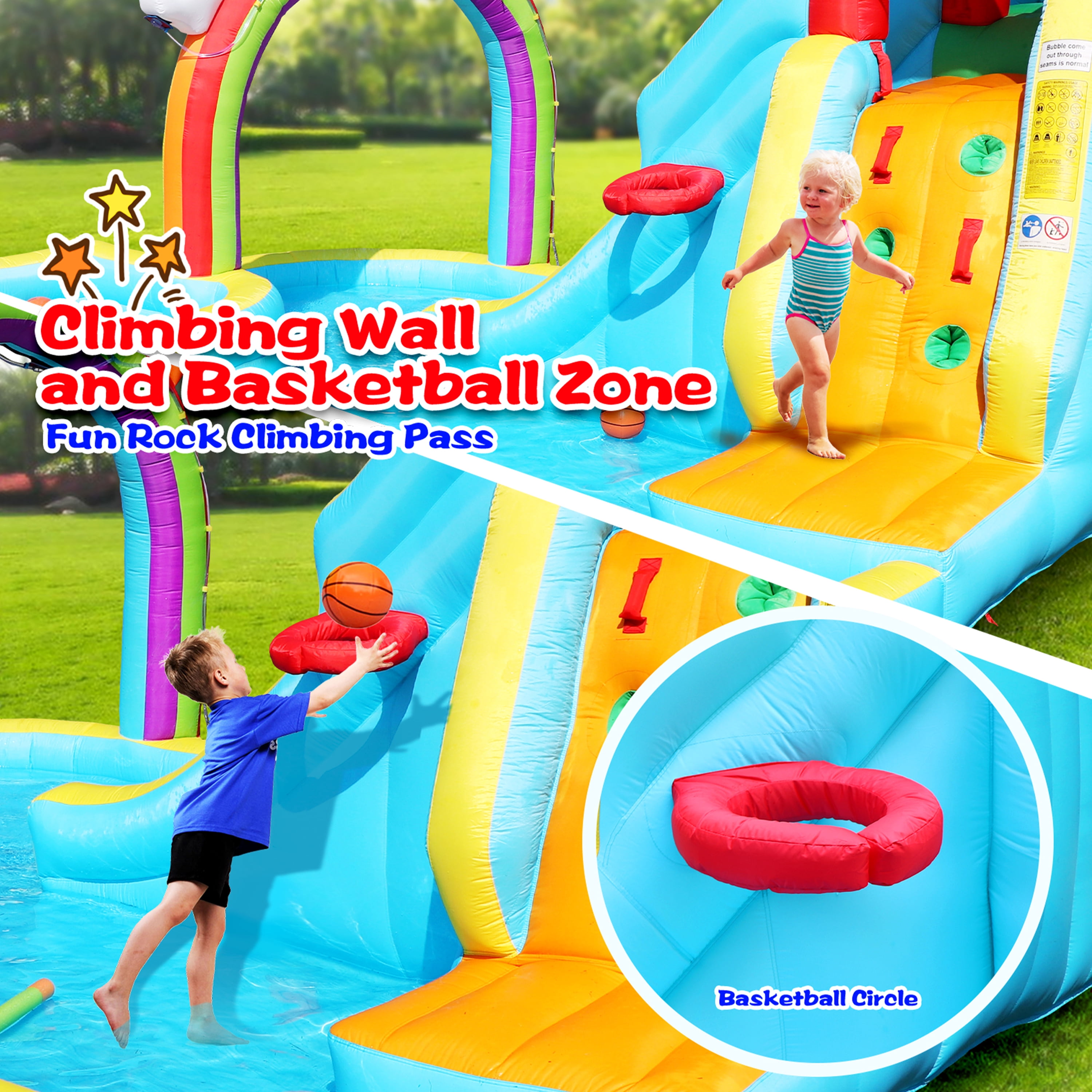 WELLFUNTIME Inflatable Water Slide for Kids, Bounce House with Blower, Water Park with Double Slides, Splash Pool
