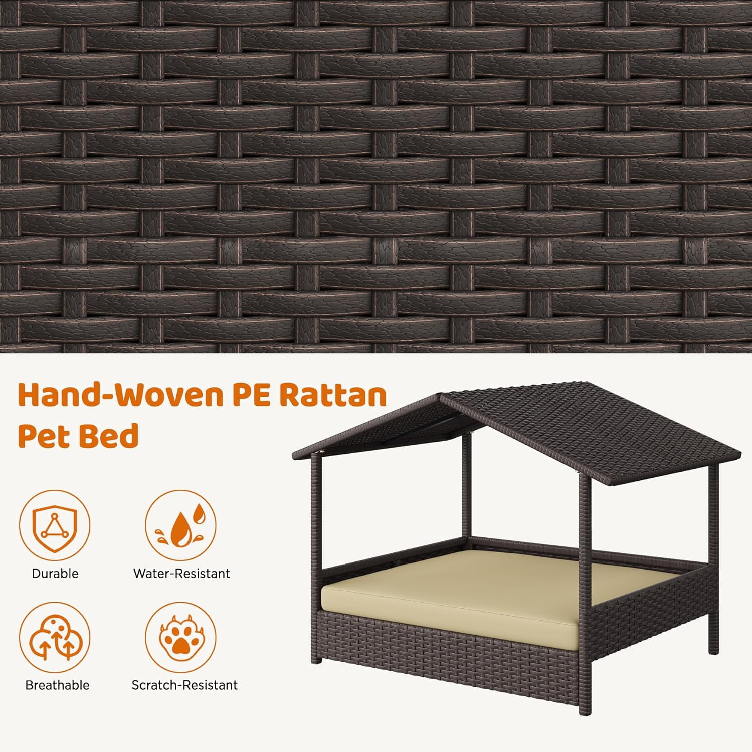 Wicker Dog House Outdoor Indoor with Canopy, Elevated Dog Shelter Dog Bed with Cushion for Small/Medium Dogs, Shade for Deck, Patio, Yard, Pool Brown House, Khaki Cushion