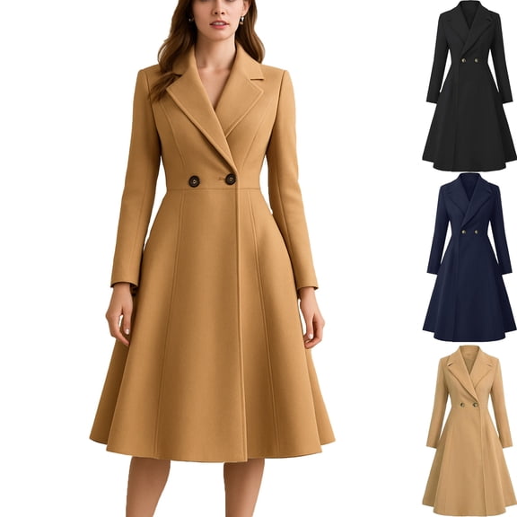 cocolona Long Winter Coats for Women Double Breasted Long Sleeve Elegant Wool Pea Coat Slim Fit Pleated Notched Lapel Overcoat