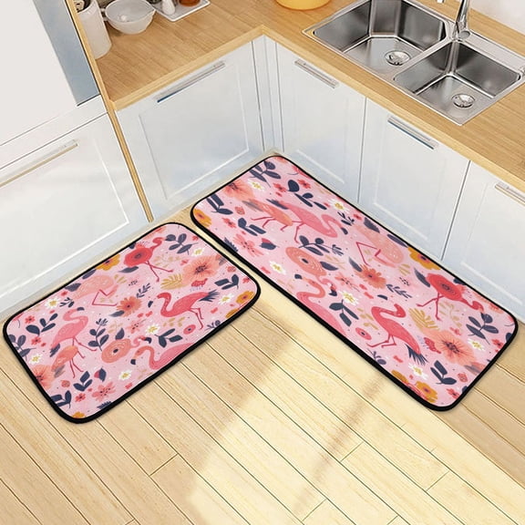 Kitchen Floor Mat 2 Sets Carpet Floor Mat Kitchen Mat Bathroom Mat Living Room Mat Bedroom Mat Absorbent Delicate Fabric No Ball Pink Flamingos