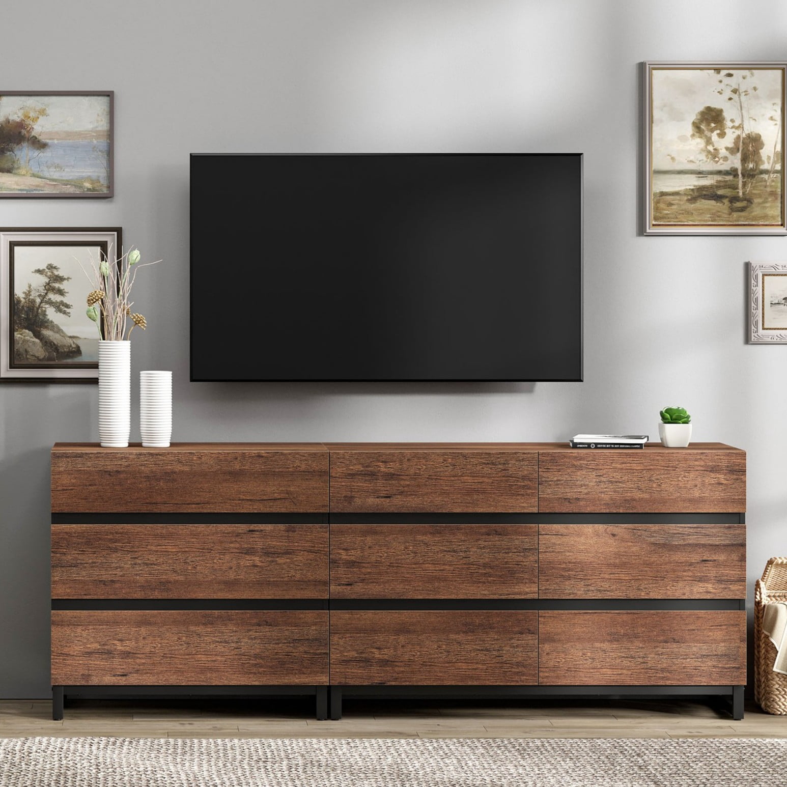 Modern TV Stand For Tvs Up To 90 Inches, 2 In 1 TV Console With 9 Drawers, Media Console With Adjustable Shelf For Living Room, Bedroom,Brown