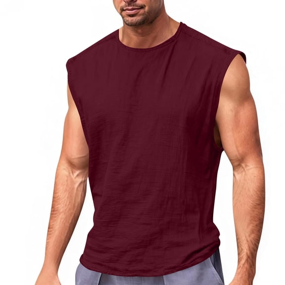 UAMVSH Mens Sleeveless Linen Shirts Summer Sleeveless Muscle Tee Lightweight Breathable Crewneck Tops for Beach Vacation