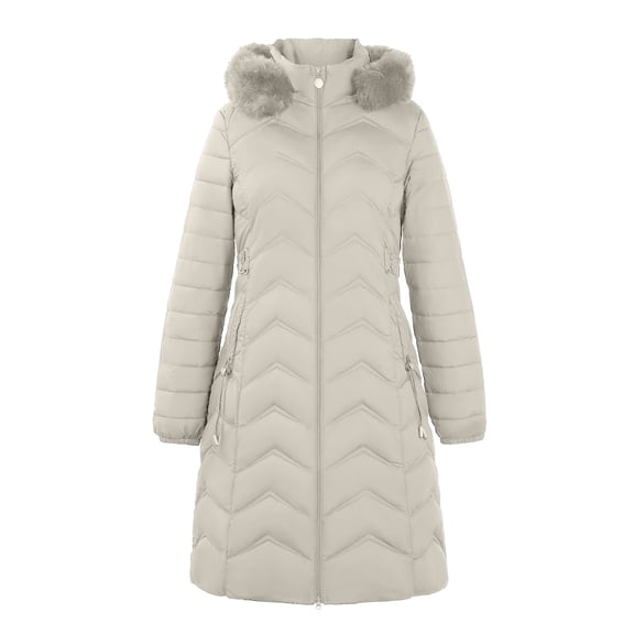 Women's Long Hooded Parka, Faux Fur Trim Winter Coat, Windproof Puffer Jacket, Thickened Warm Coat, Outdoor Winter Parka with Zipper Pockets Beige L