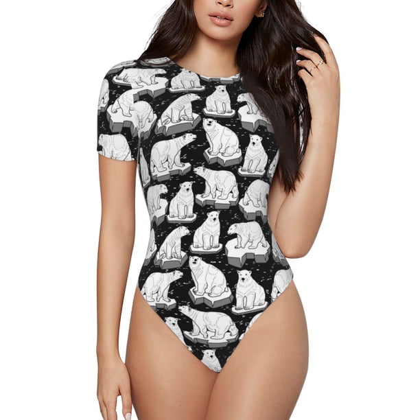 Balery Cute Cartoon Polar Bear Body de cuello redondo de manga corta para mujer Tops de manga corta Tops básicos-Medium