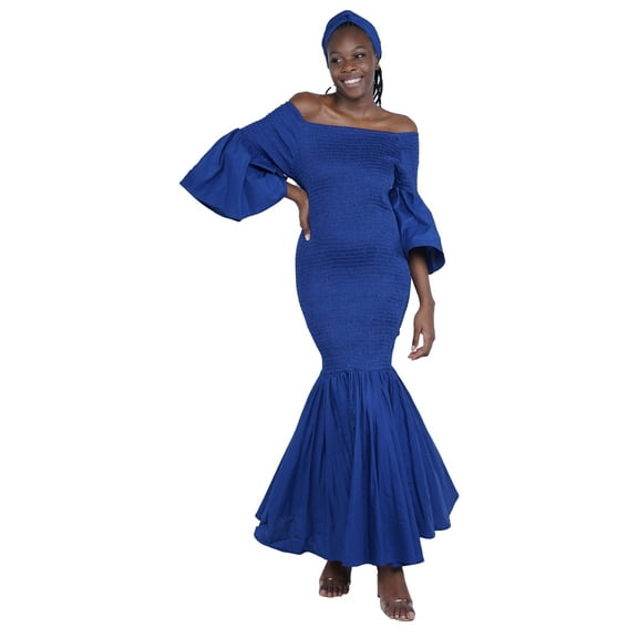 Women's Long African Dress Ankara Print | Cotton Clothing Smoked Fish Tail Mermaid with Matching Headwrap, Fade Resistant Elastic Smoked Bodice Kente Afrocentric Dress