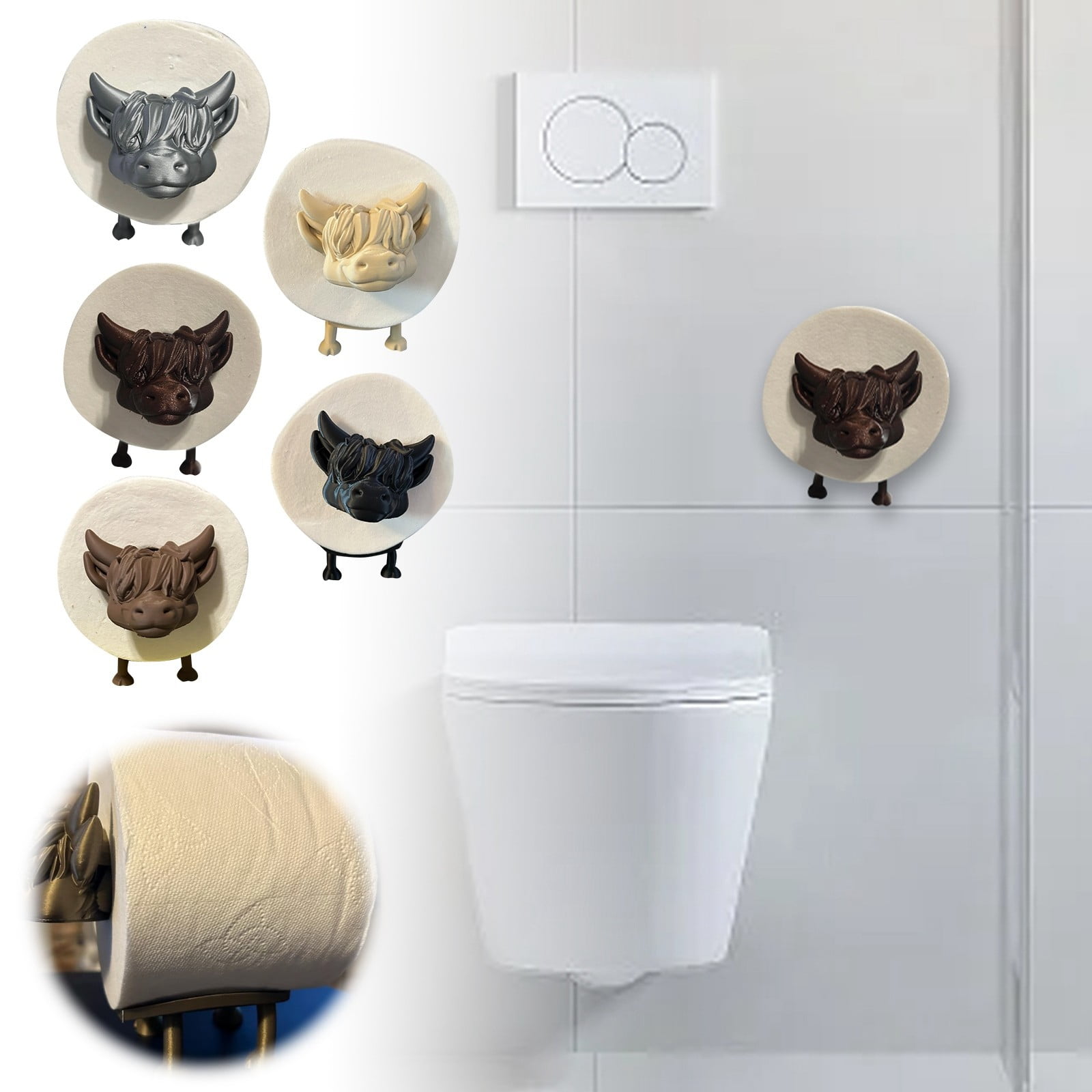 Cute Highland Cow Toilet Paper Holder - 3D Printed Funny Bathroom Storage, Wall Mount Roll Holder with Sheep & Cow Design for Modern Farmhouse Decor